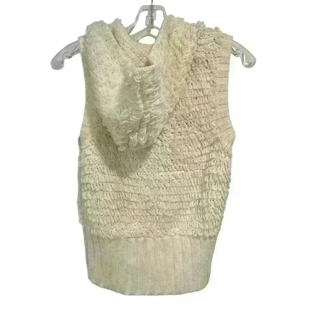 GAP Kids Cream Looped Yarn Fringed Sleeveless Vest Ribbed Trim Hood Zip L